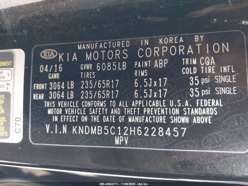 2017 Kia Sedona Lx VIN: KNDMB5C12H6228457 Lot: 43624711