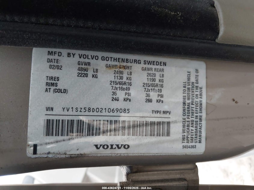 2002 Volvo V70 Xc VIN: YV1SZ58D021069085 Lot: 43624731