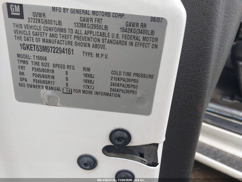 2007 GMC Envoy Denali VIN: 1GKET63M972294161 Lot: 43624739