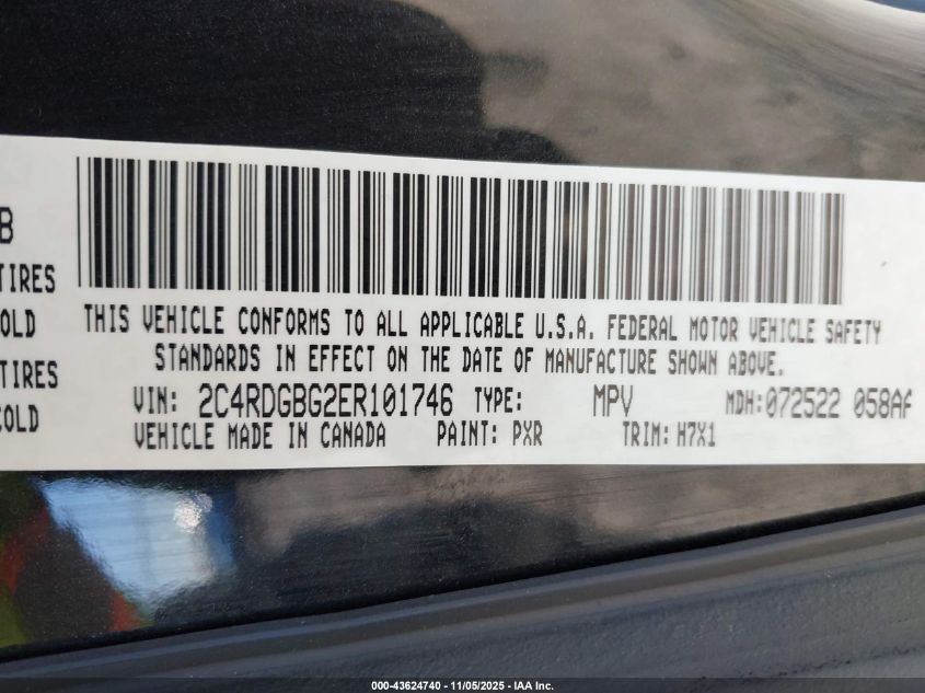 2014 Dodge Grand Caravan American Value Pkg VIN: 2C4RDGBG2ER101746 Lot: 43624740