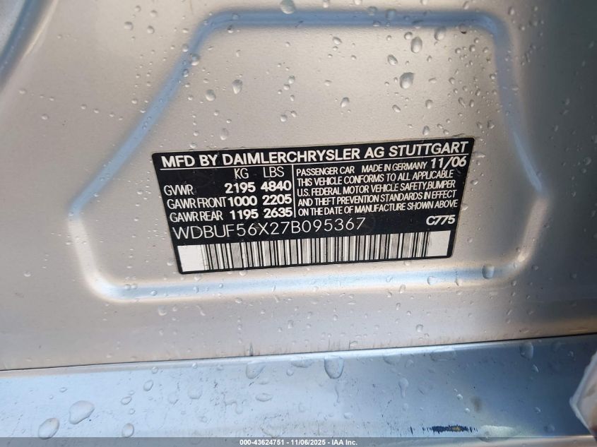2007 Mercedes-Benz E 350 VIN: WDBUF56X27B095367 Lot: 43624751