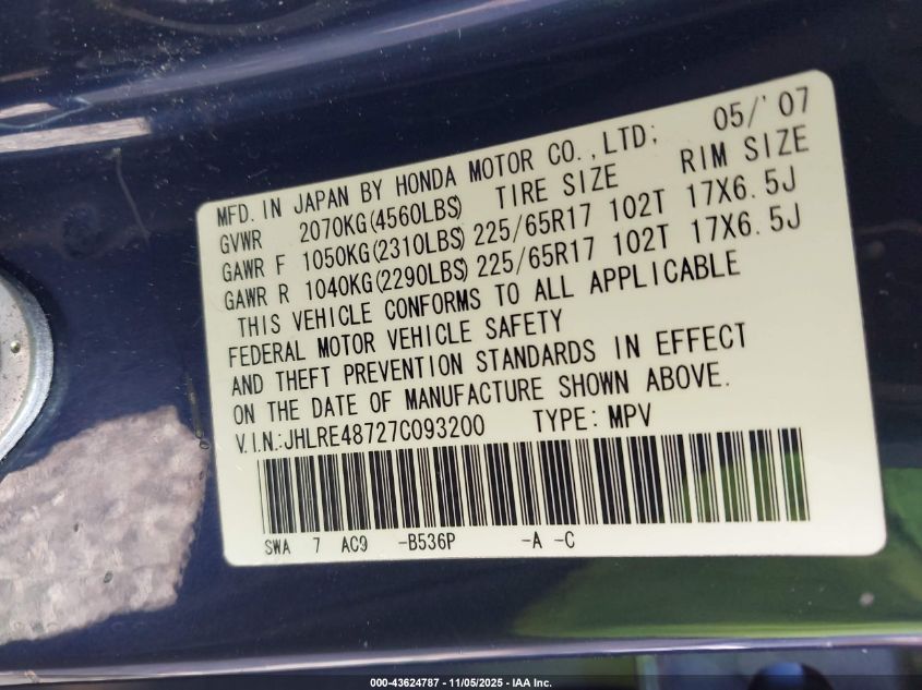 2007 Honda Cr-V Ex-L VIN: JHLRE48727C093200 Lot: 43624787