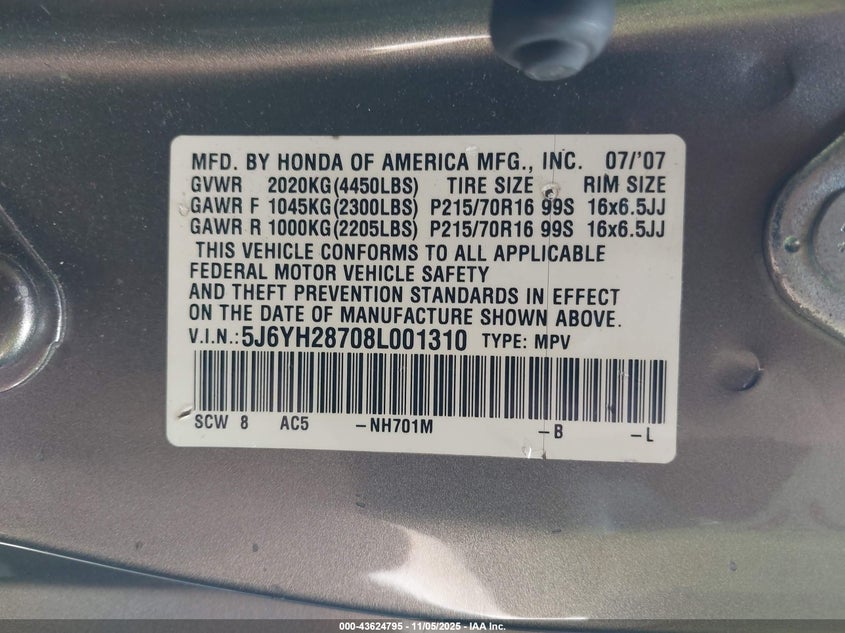2008 Honda Element Ex VIN: 5J6YH28708L001310 Lot: 43624795