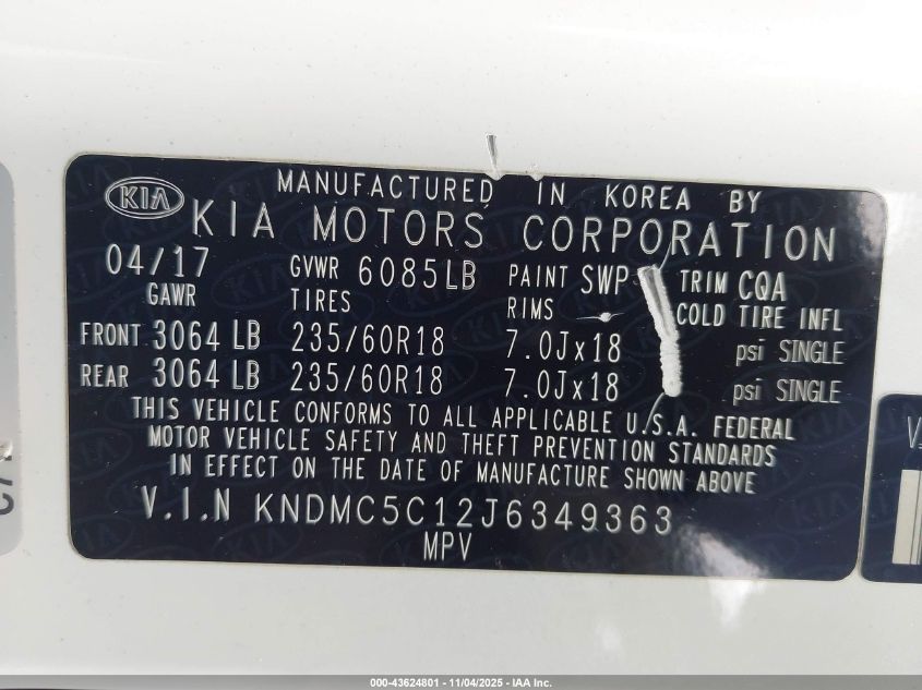 2018 Kia Sedona Sx VIN: KNDMC5C12J6349363 Lot: 43624801