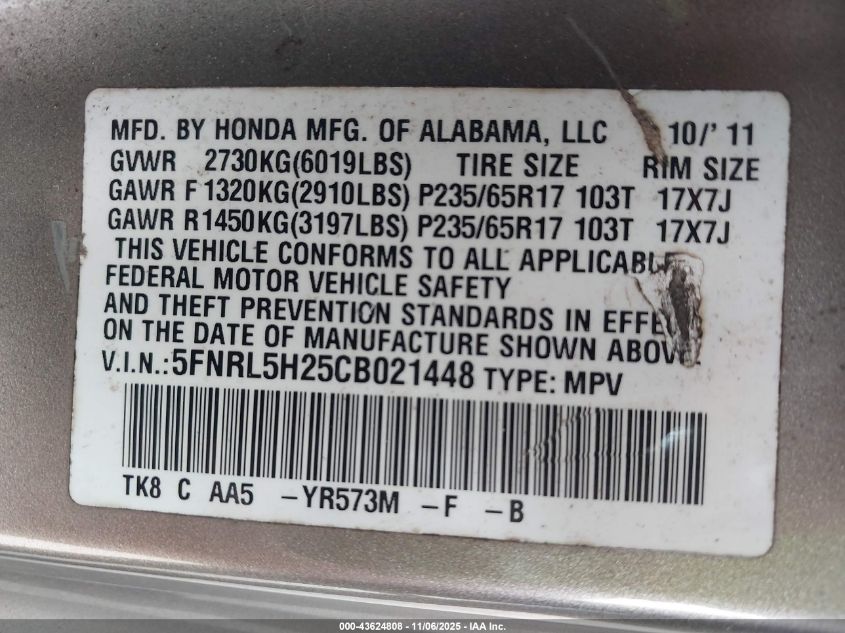 2012 Honda Odyssey Lx VIN: 5FNRL5H25CB021448 Lot: 43624808