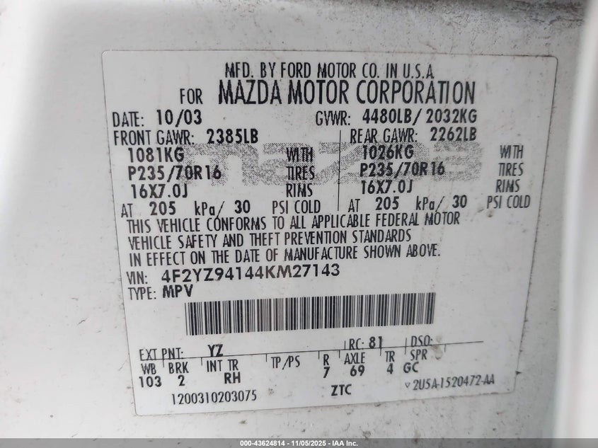 2004 Mazda Tribute Lx V6 VIN: 4F2YZ94144KM27143 Lot: 43624814