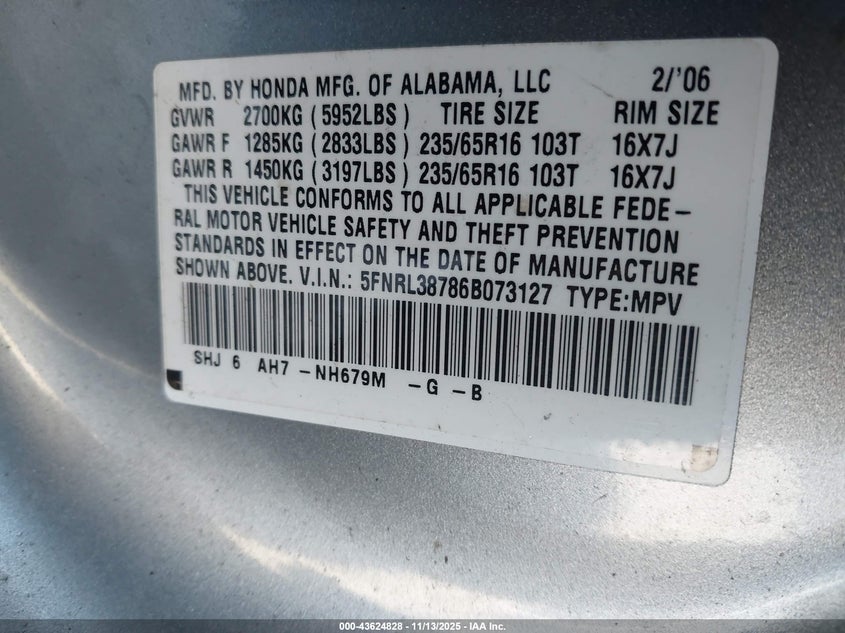 2006 Honda Odyssey Ex-L VIN: 5FNRL38786B073127 Lot: 43624828