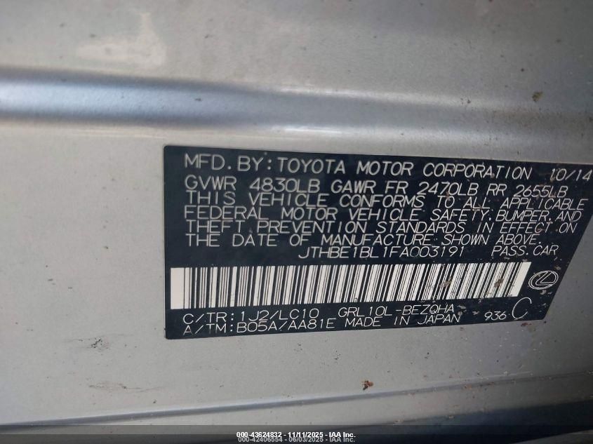 2015 Lexus Gs 350 VIN: JTHBE1BL1FA003191 Lot: 43624832