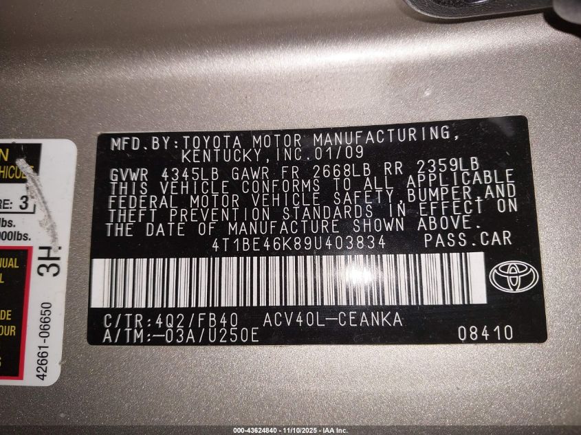 2009 Toyota Camry Le VIN: 4T1BE46K89U403834 Lot: 43624840