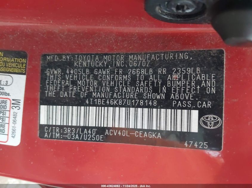 2007 Toyota Camry Xle VIN: 4T1BE46K87U178148 Lot: 43624862