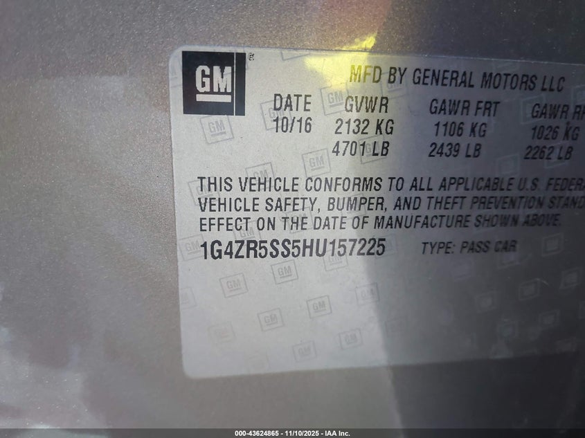 2017 Buick Lacrosse Premium VIN: 1G4ZR5SS5HU157225 Lot: 43624865