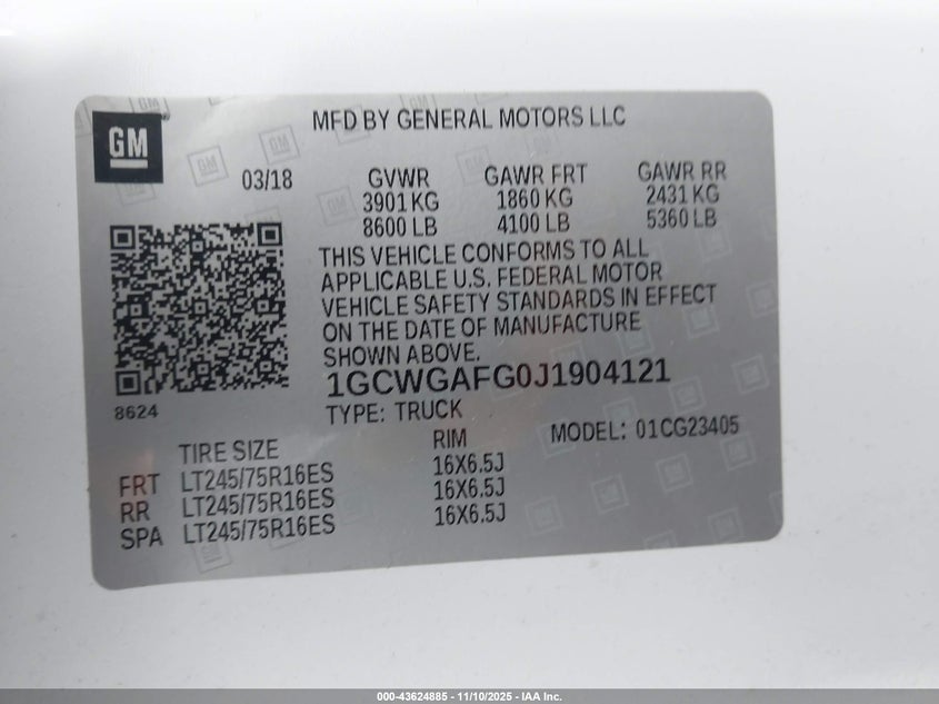 2018 Chevrolet Express 2500 Work Van VIN: 1GCWGAFG0J1904121 Lot: 43624885