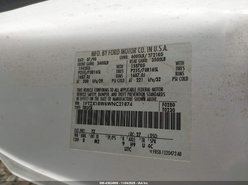 1998 Ford F-150 Lariat/Standard/Xl/Xlt VIN: 1FTZX18W6WNC21874 Lot: 43624908