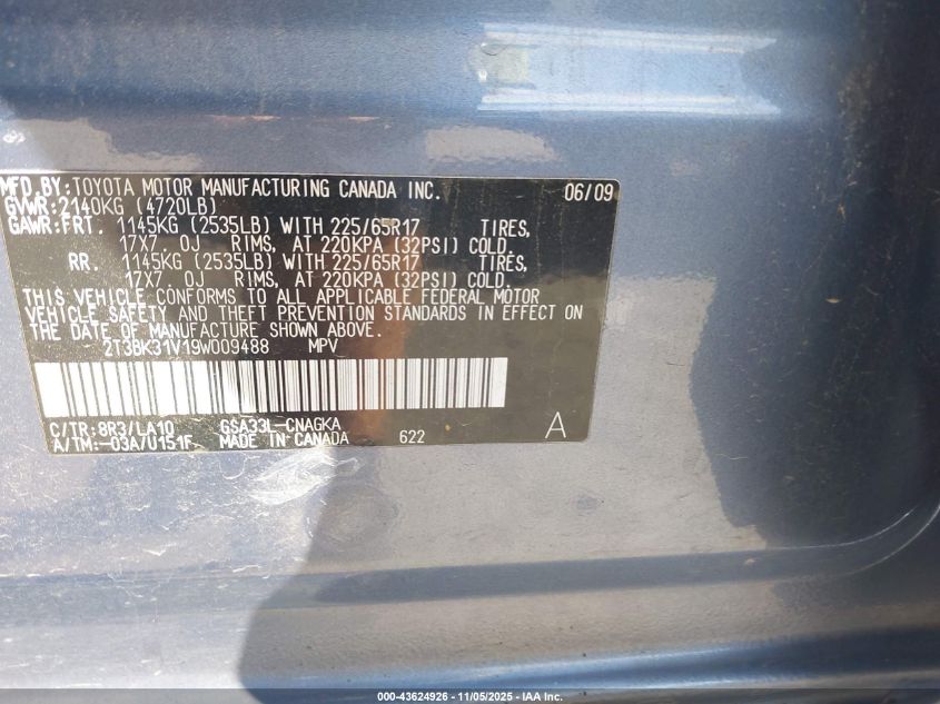 2009 Toyota Rav4 Limited V6 VIN: 2T3BK31V19W009488 Lot: 43624926