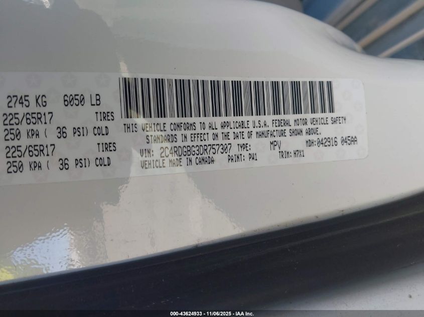 2013 Dodge Grand Caravan Se VIN: 2C4RDGBG3DR757307 Lot: 43624933