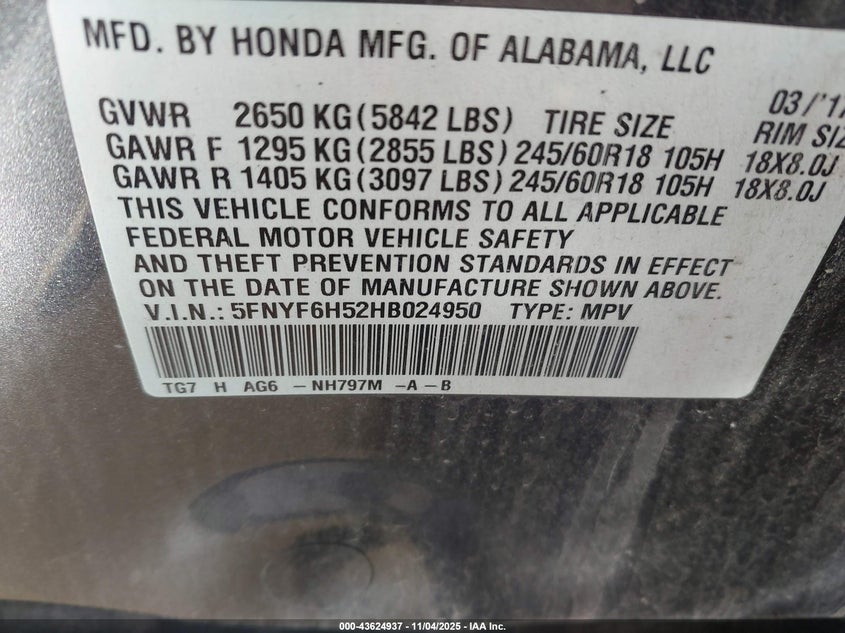 2017 Honda Pilot Ex-L VIN: 5FNYF6H52HB024950 Lot: 43624937