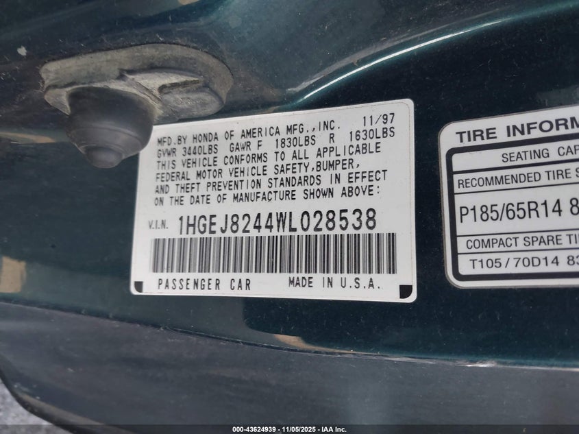 1998 Honda Civic Ex VIN: 1HGEJ8244WL028538 Lot: 43624939