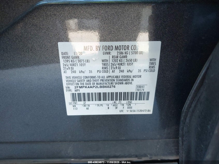 2020 FORD EDGE ST - 2FMPK4AP2LBB60276