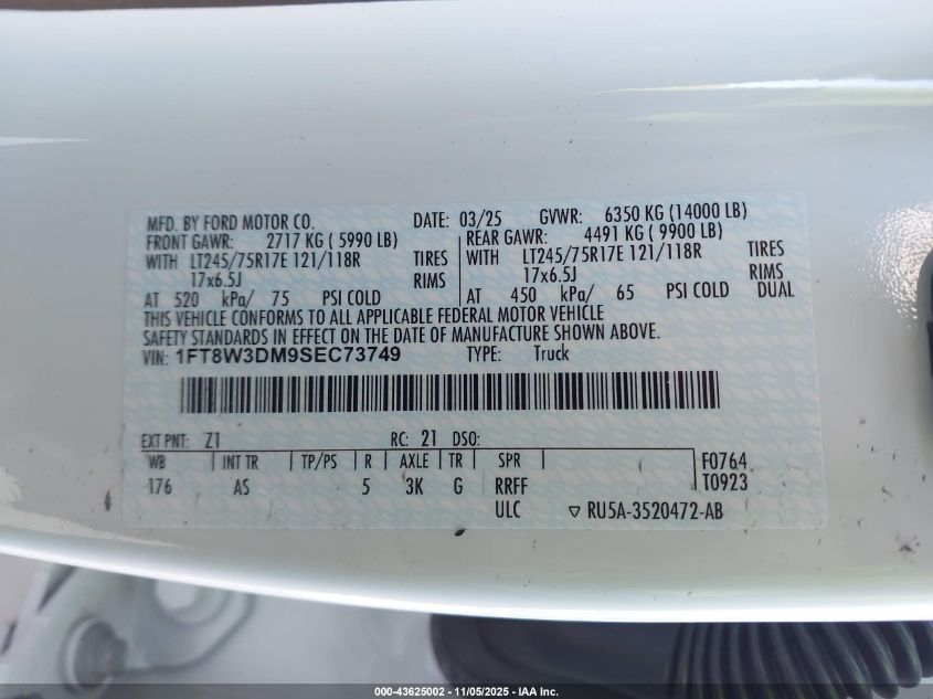 2025 Ford F-350 Xl VIN: 1FT8W3DM9SEC73749 Lot: 43625002