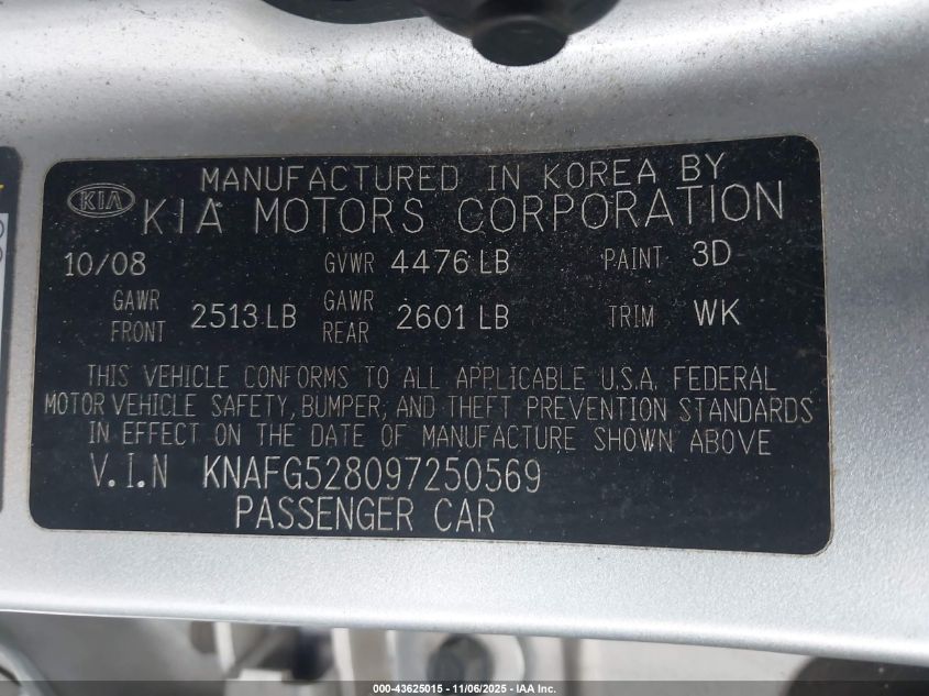 2009 Kia Rondo Lx VIN: KNAFG528097250569 Lot: 43625015