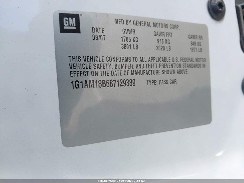 2008 Chevrolet Cobalt Sport VIN: 1G1AM18B687129389 Lot: 43625035