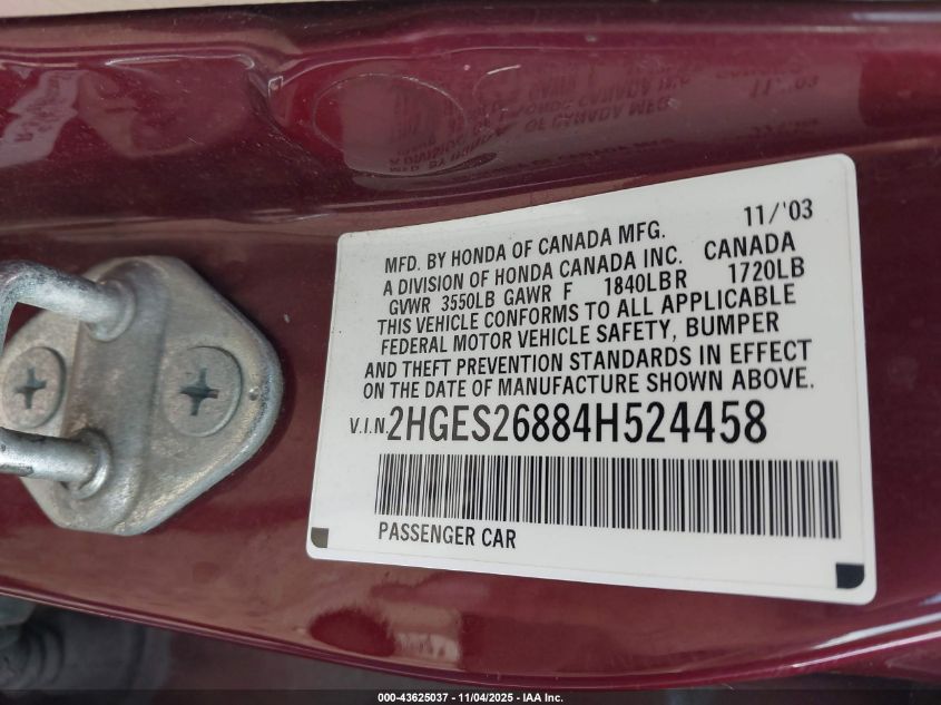 2004 Honda Civic Ex VIN: 2HGES26884H524458 Lot: 43625037