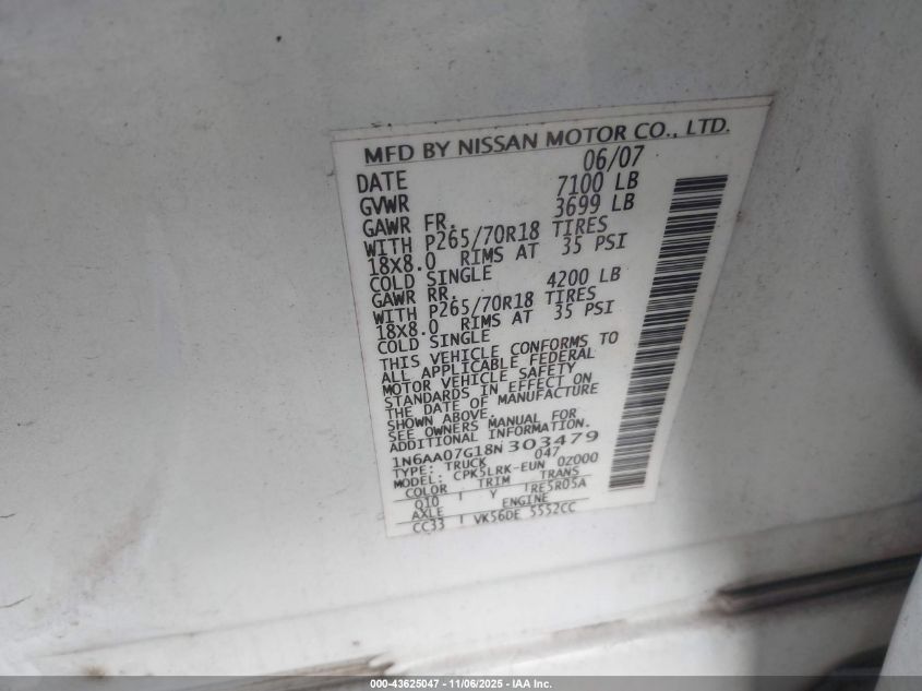 2008 Nissan Titan Xe VIN: 1N6AA07G18N303479 Lot: 43625047