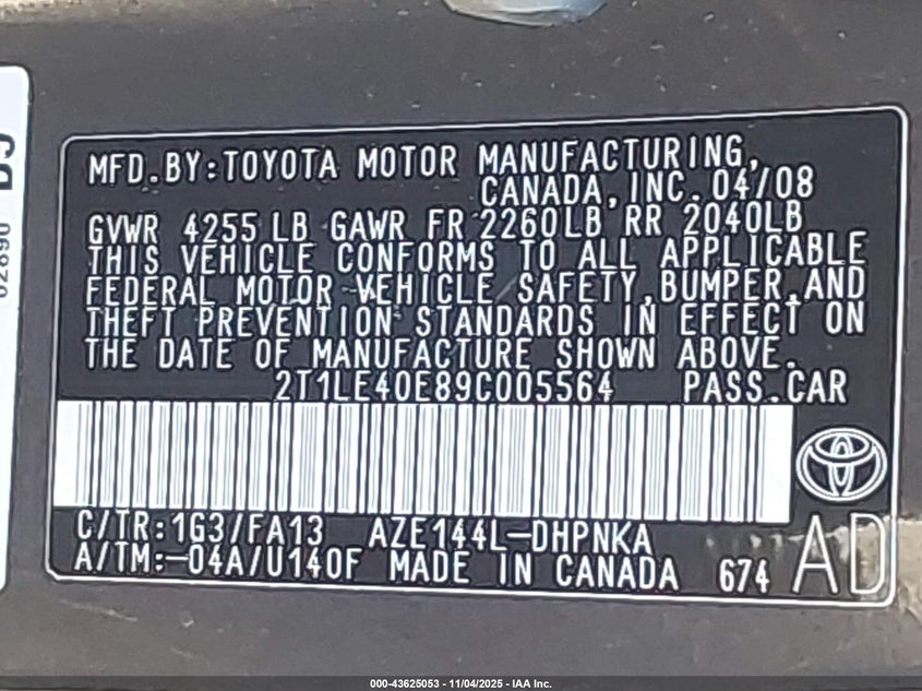 2009 Toyota Matrix S VIN: 2T1LE40E89C005564 Lot: 43625053