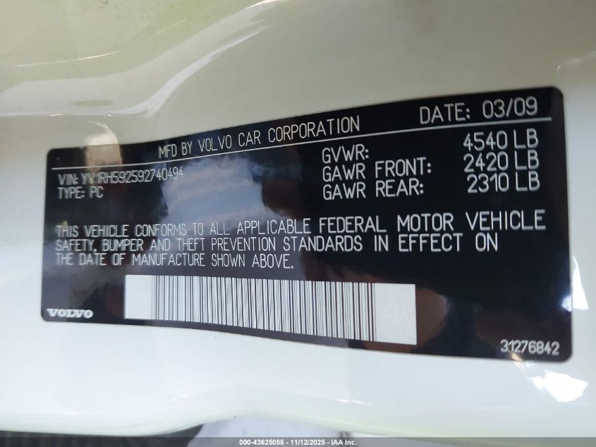 2009 Volvo S60 2.5T/2.5T Special Edition VIN: YV1RH592592740494 Lot: 43625056