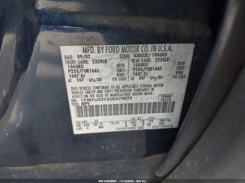 2003 Ford Escape Xlt VIN: 1FMYU03103KA70873 Lot: 43625067