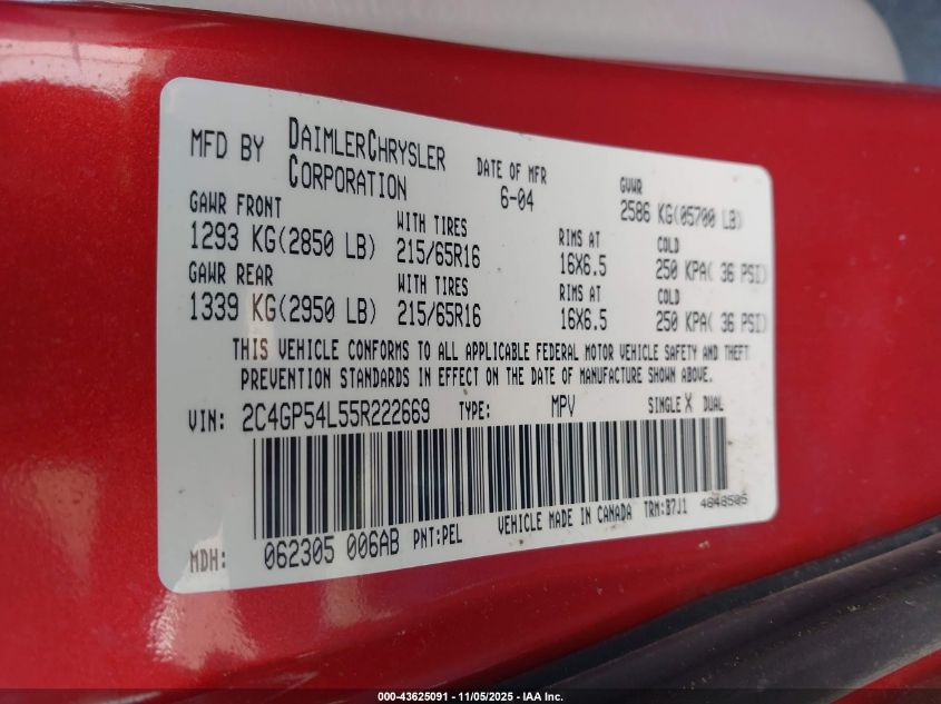 2005 Chrysler Town & Country Touring VIN: 2C4GP54L55R222669 Lot: 43625091