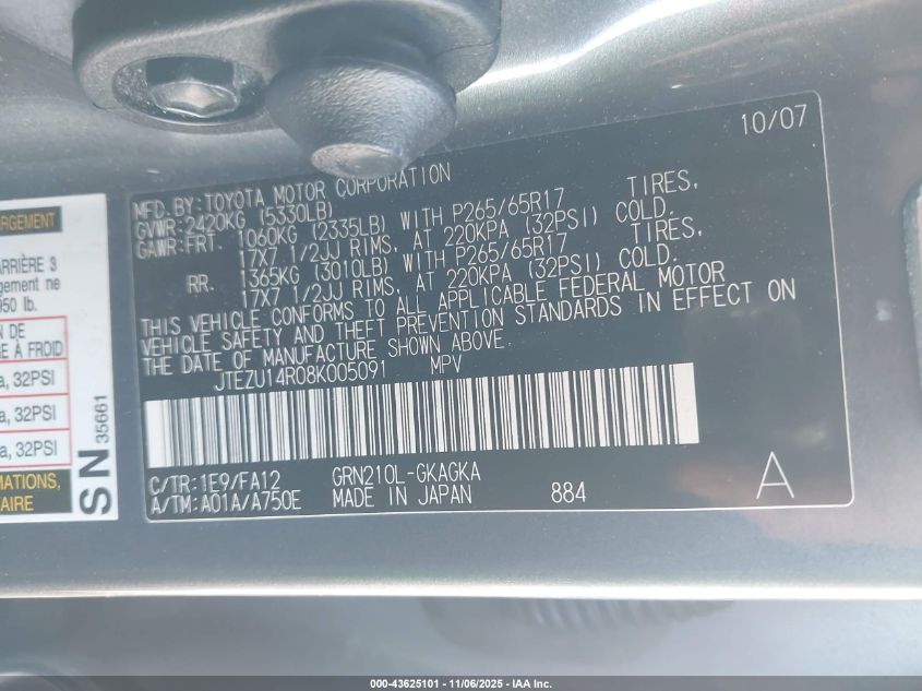 2008 Toyota 4Runner Sr5 V6 VIN: JTEZU14R08K005091 Lot: 43625101