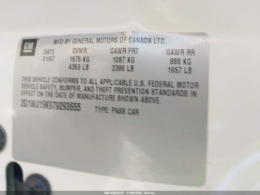 2007 Chevrolet Monte Carlo Ls VIN: 2G1WJ15K979293655 Lot: 43625107