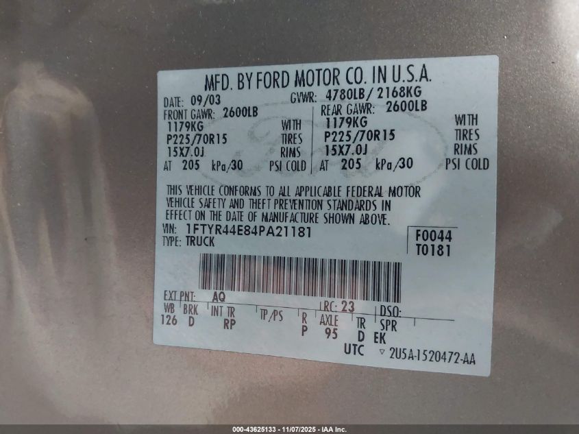 2004 Ford Ranger Xlt VIN: 1FTYR44E84PA21181 Lot: 43625133