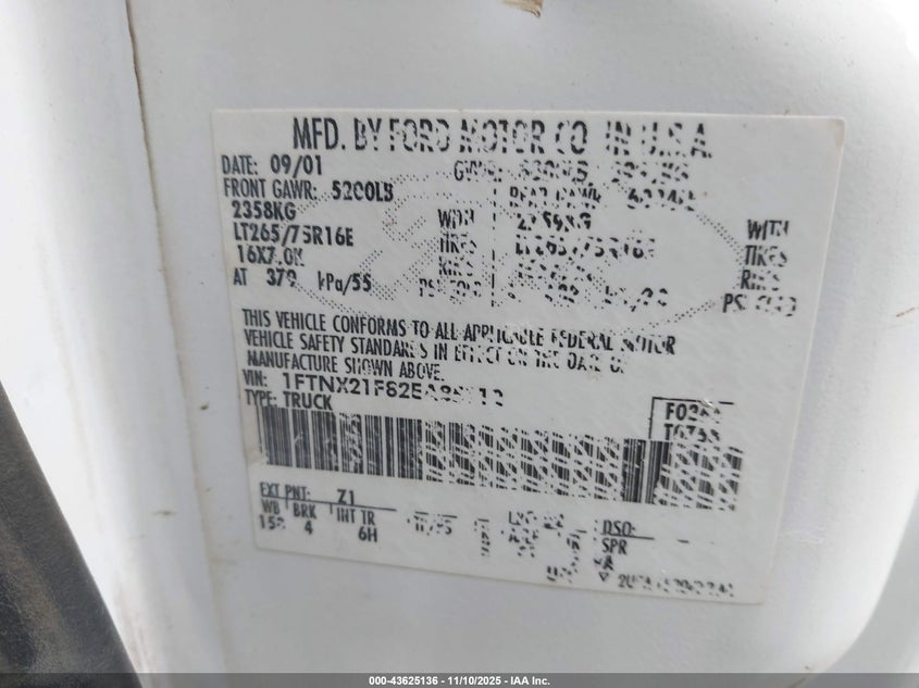 2002 Ford F-250 Lariat/Xl/Xlt VIN: 1FTNX21F82EA85112 Lot: 43625136