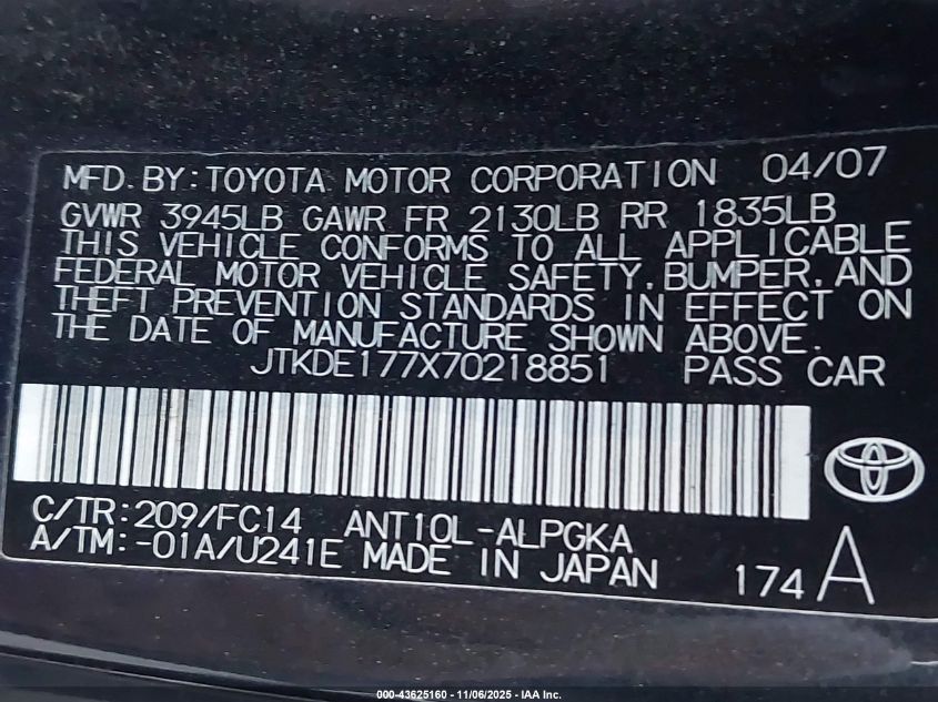 2007 Scion Tc VIN: JTKDE177X70218851 Lot: 43625160