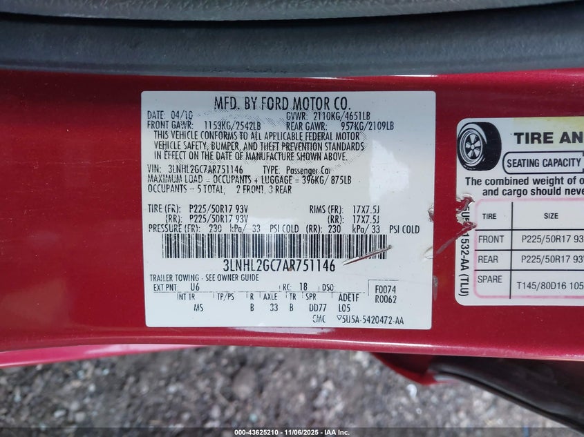 2010 Lincoln Mkz VIN: 3LNHL2GC7AR751146 Lot: 43625210