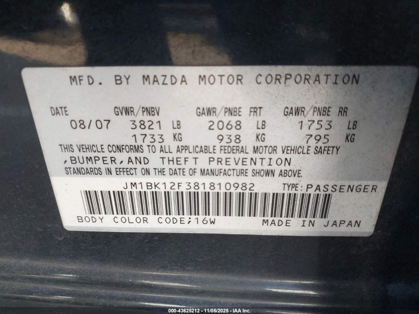 2008 Mazda Mazda3 I VIN: JM1BK12F381810982 Lot: 43625212