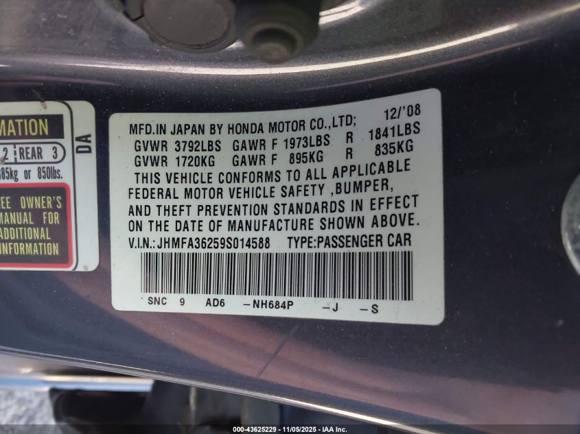 2009 Honda Civic Hybrid VIN: JHMFA36259S014588 Lot: 43625229