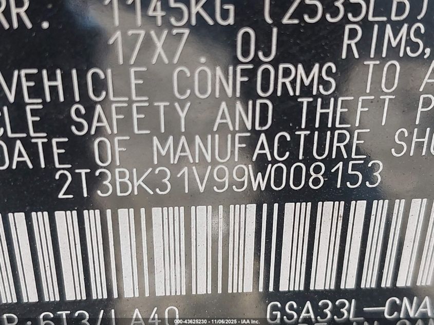 2009 Toyota Rav4 Limited V6 VIN: 2T3BK31V99W008153 Lot: 43625230