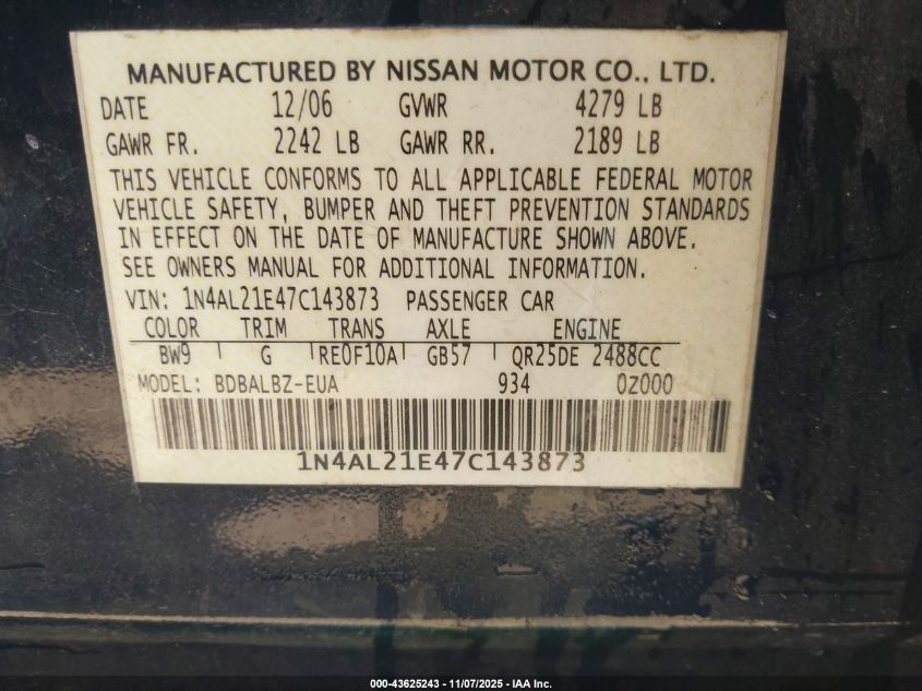 2007 Nissan Altima 2.5 S VIN: 1N4AL21E47C143873 Lot: 43625243