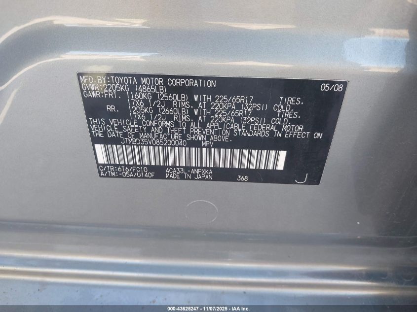 2008 Toyota Rav4 VIN: JTMBD35V085200040 Lot: 43625247