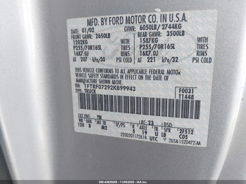 2002 Ford F-150 Xl/Xlt VIN: 1FTRF07292KB99943 Lot: 43625255