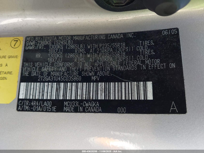 2005 Lexus Rx 330 VIN: 2T2GA31U45C035860 Lot: 43625258