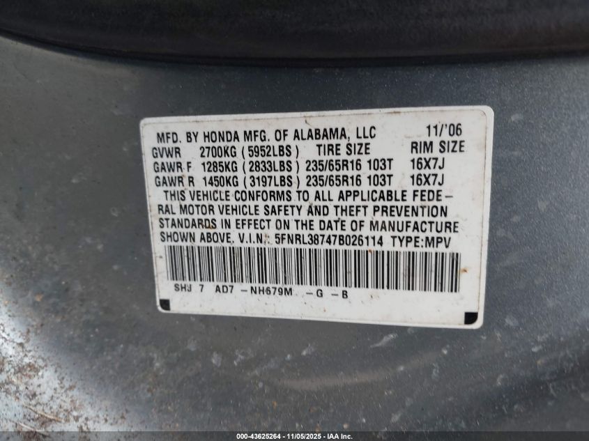 2007 Honda Odyssey Ex-L VIN: 5FNRL38747B026114 Lot: 43625264