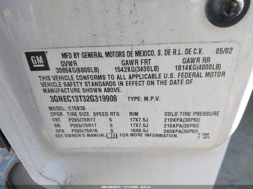 2002 Chevrolet Avalanche 1500 VIN: 3GNEC13T32G319908 Lot: 43625272