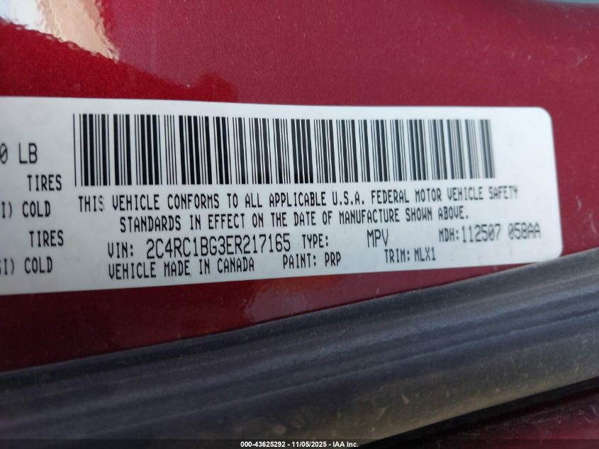 2014 Chrysler Town & Country Touring VIN: 2C4RC1BG3ER217165 Lot: 43625292