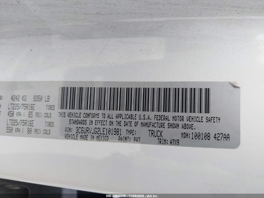 2020 Ram Promaster 3500 Cargo Van High Roof 159 Wb Ext VIN: 3C6URVJG2LE101981 Lot: 43625309