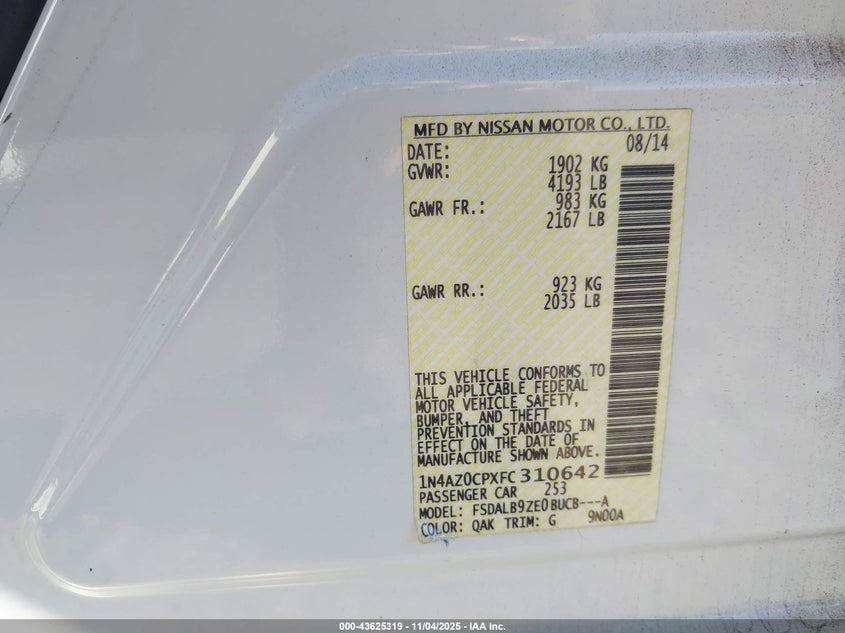 2015 NISSAN LEAF S 1N4AZ0CPXFC310642
