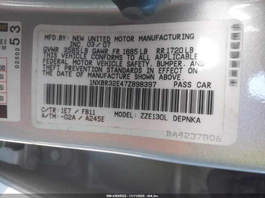 2007 Toyota Corolla Le VIN: 1NXBR32E47Z898397 Lot: 43625322